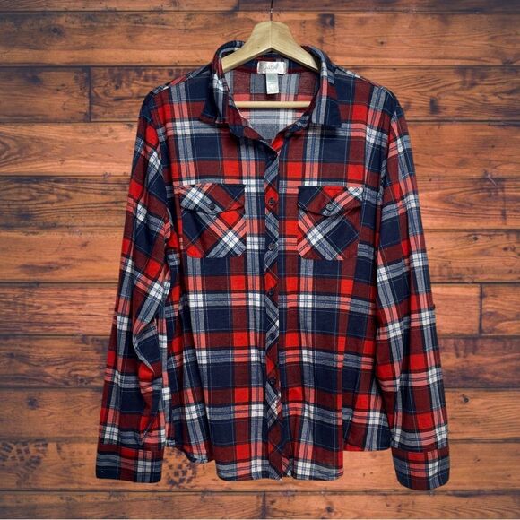 Just Be... Red & Blue Button Front Long Sleeve Plaid Shirt 2X - Picture 1 of 4